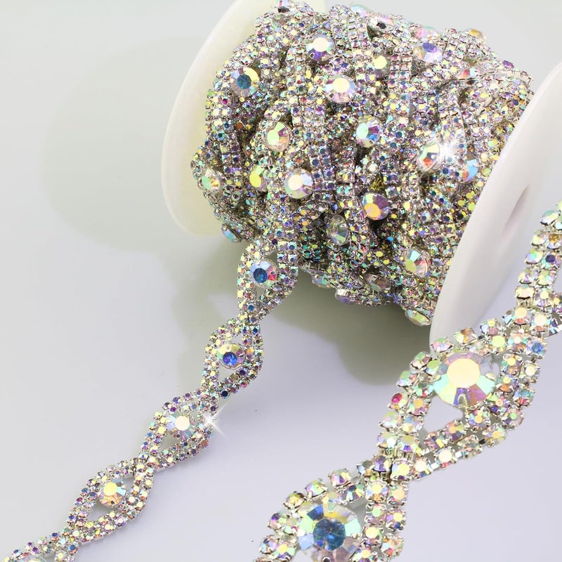 PEARLY JUN Rhinestone Trim Crystal Rhinestone Ribbon for Sewing Leather Shoes DIY Bouquet Decoration Clothing Wedding Headwear. (ML039-AB Silver), ML000-1 - Image 1